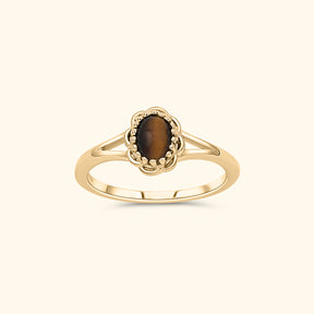Gold plated Tiger Eye Flower ring met ovale tijgeroog steen en bloemvormig design – Josephina Jewelry